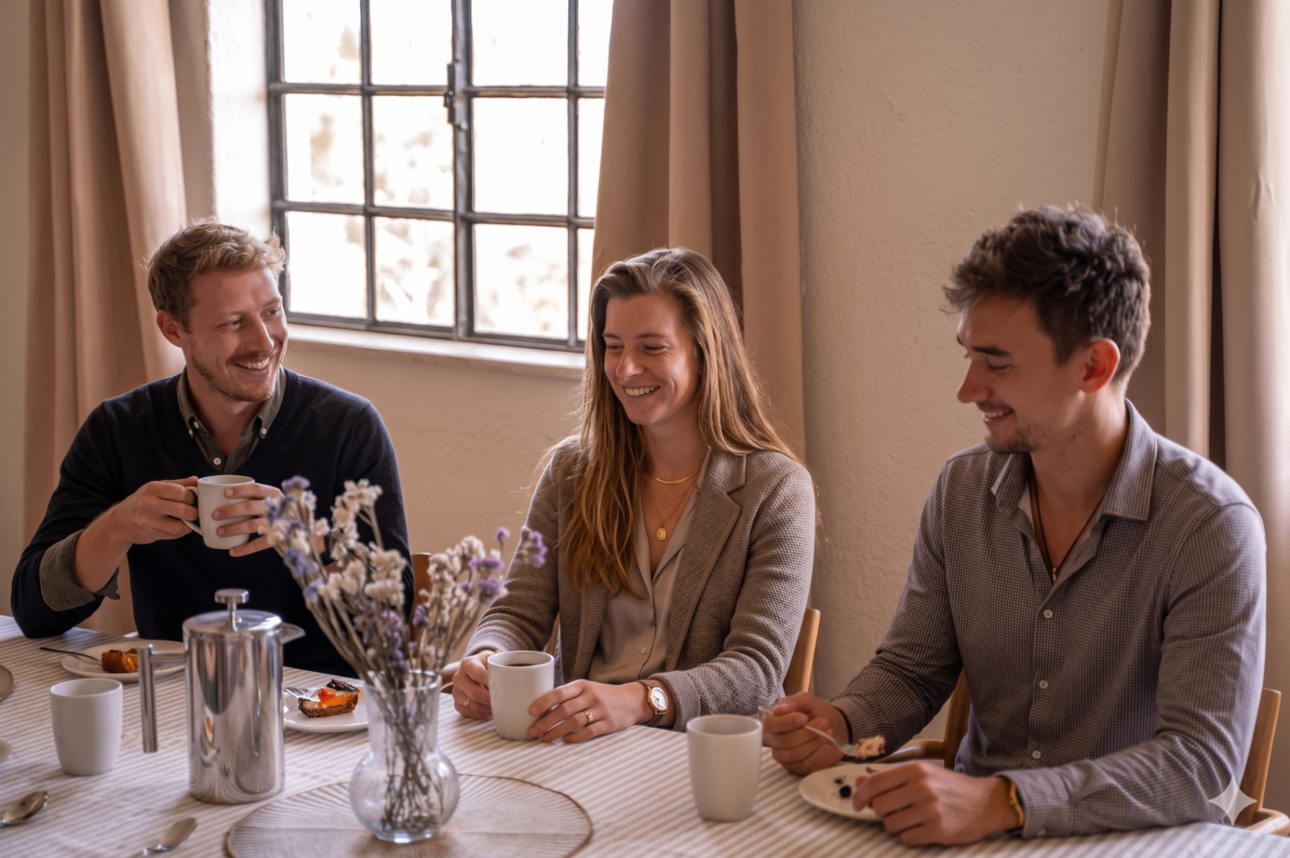 Three team members sharing breakfast and coffee at Bela Colina