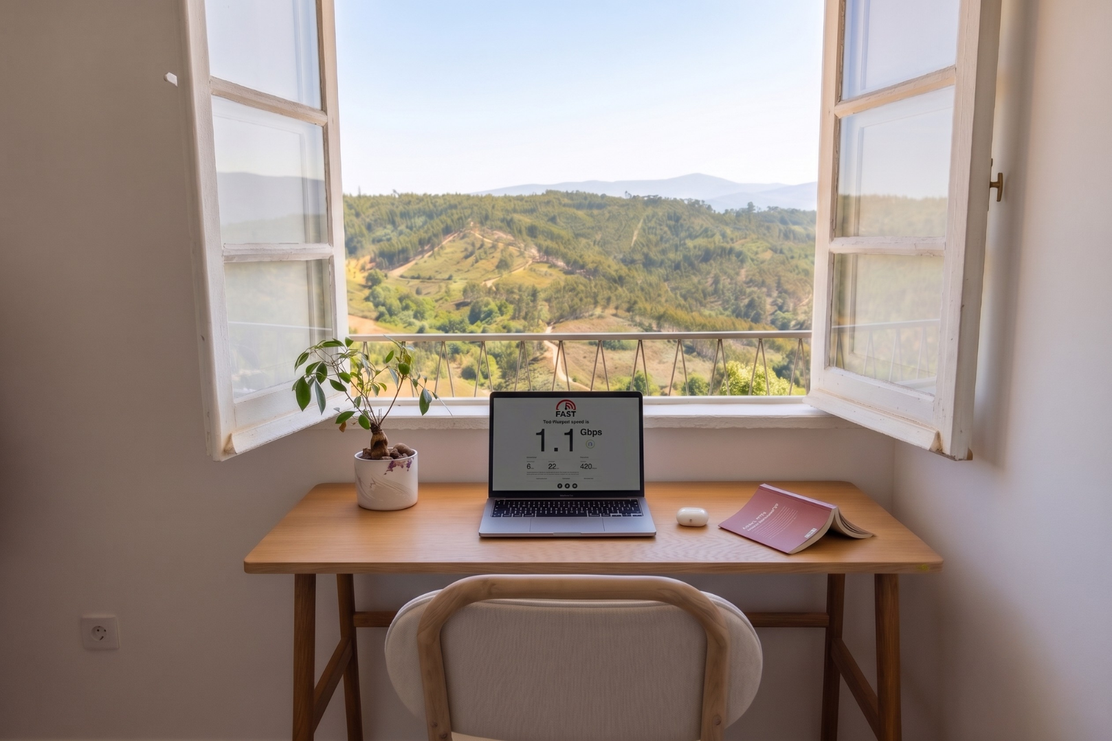 A wooden designer desk with valley view